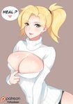  areola_slip areolae artist_name black_panties blonde_hair blue_eyes breasts brown_background casual center_opening cleavage_cutout clothes_pull english hair_tie heart large_breasts long_hair long_sleeves looking_at_viewer meme_attire mercy_(overwatch) open-chest_sweater overwatch panties parted_lips patreon_logo patreon_username ribbed_sweater signature simple_background smile solo speech_bubble spoken_heart sweater sweater_pull tofuubear turtleneck underwear upper_body watermark white_sweater 