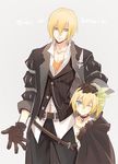  1girl belt black_choker blonde_hair blue_eyes brother_and_sister choker collarbone copyright_name edna_(tales) eizen_(tales) gloves hair_ribbon hand_on_another's_head heke jacket one_eye_closed petting ribbon siblings simple_background tales_of_(series) tales_of_berseria tales_of_zestiria vest 