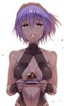  bare_shoulders blush breasts cake dark_skin fate/grand_order fate/prototype fate/prototype:_fragments_of_blue_and_silver fate_(series) food hassan_of_serenity_(fate) highres looking_at_viewer mask ono_misao open_mouth purple_eyes purple_hair short_hair skull smile solo 