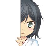  aqua_eyes black_hair blush commentary_request eyebrows_visible_through_hair japanese_clothes kantai_collection looking_at_viewer matsukaze_(kantai_collection) nagineko peeking_out short_hair solo transparent_background 