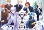  5boys aqua_eyes aqua_hair black_hair blonde_hair blue_eyes blue_hair bluebell brown_hair byakuran cape ekita_xuan gamma glasses hat highres irie_shoichi katekyo_hitman_reborn! kikyo_(reborn) long_hair multiple_boys multiple_girls necktie orange_hair red_hair short_hair shorts spanner_(reborn!) uni_(reborn) white_hair zakuro_(reborn) 