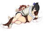  2girls aigle aihara_makoto ass blush boots bow braid brown_hair brown_panties crying hair_bow leg_lock multiple_girls nexas open_mouth panties rumble_roses submission sweat tears twintails underwear white_background wrestling wrestling_outfit 