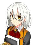  alternate_hairstyle androgynous bespectacled book commentary_request fate/grand_order fate_(series) glasses olga_marie_animusphere solo uniform white_background white_hair yellow_eyes yuge_(yuge_bakuhatsu) 