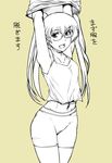  arms_up bangs beige_background bike_shorts camisole cowboy_shot girls_und_panzer glasses long_hair looking_at_viewer monochrome navel oono_aya open_mouth round_eyewear shin_kawasaki simple_background smile solo standing translated twintails underwear undressing 