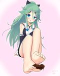  :o achilles bad_feet bare_legs bare_shoulders barefoot black_bow black_skirt blue_eyes blue_neckwear blush bow breasts buckle chocolate_on_foot choker collarbone dated detached_sleeves dripping full_body green_hair hair_between_eyes hair_bow hair_ornament hairclip hand_on_own_chest head_tilt highres kantai_collection long_hair long_sleeves looking_at_viewer medium_breasts neckerchief no_legwear open_mouth pink_background ponytail sidelocks signature simple_background sitting skirt sleeveless soles solo toenails toes valentine very_long_hair yamakaze_(kantai_collection) 
