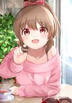  :d blush bow brown_hair chocolate chocolate_heart commentary_request eyebrows_visible_through_hair feeding food hair_bow hair_ornament heart highres hori_yuuko idolmaster idolmaster_cinderella_girls indoors jewelry long_hair long_sleeves looking_at_viewer off-shoulder_sweater open_mouth ponytail pov_feeding red_eyes smile solo sora_(silent_square) sweater valentine 