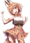  animal_ears blonde_hair brown_eyes cat_ears cat_tail clenched_hands elbow_gloves gloves highres kemono_friends print_gloves print_legwear print_skirt serval_(kemono_friends) serval_ears serval_print serval_tail short_hair simple_background skirt solo tail tanaka_arumi thighhighs white_background white_gloves 