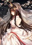  akagi_(zhan_jian_shao_nyu) animal_ears bison_cangshu breasts bridal_veil bride brown_hair cherry_blossoms closed_eyes commentary_request detached_sleeves flower fox_ears hair_flower hair_ornament jewelry long_hair medium_breasts petals ring sideboob smile solo veil very_long_hair wedding_ring zhan_jian_shao_nyu 