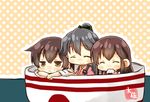  :&lt; :3 ^_^ akagi_(kantai_collection) artist_name black_hair blush_stickers bowl brown_eyes brown_hair chibi closed_eyes commentary_request eating food girl_sandwich hand_on_another's_shoulder highres houshou_(kantai_collection) in_bowl in_container japanese_clothes kaga_(kantai_collection) kantai_collection minigirl multiple_girls onigiri polka_dot polka_dot_background ponytail sandwiched smile taisa_(kari) 