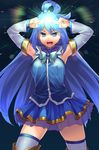  aaru_(tenrake_chaya) aqua_(konosuba) armpits blue_eyes blue_hair blue_shirt blue_skirt boots detached_sleeves eyebrows_visible_through_hair hair_between_eyes highres knee_boots kono_subarashii_sekai_ni_shukufuku_wo! long_hair looking_at_viewer magic miniskirt open_mouth shirt simple_background skindentation skirt solo standing thighhighs white_legwear zettai_ryouiki 