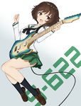  akiyama_yukari bangs black_legwear blouse brown_eyes brown_footwear brown_hair commentary electric_guitar full_body girls_und_panzer green_skirt guitar highres holding instant_(ioarthus) instrument jumping loafers long_sleeves looking_back looking_to_the_side messy_hair miniskirt neckerchief ooarai_school_uniform pleated_skirt plectrum school_uniform serafuku shoes short_hair skirt socks solo white_blouse 