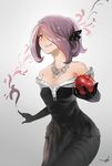  alternate_costume apple bare_shoulders black_dress black_gloves commentary dress eyelashes food fruit gloves hair_ornament hair_over_one_eye hat highres jewelry lipstick little_witch_academia long_hair looking_at_viewer makeup necklace parted_lips red_eyes short_hair smile solo sucy_manbavaran witch yuushoku 