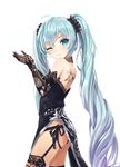  ;3 aqua_eyes aqua_hair ass black_gloves black_legwear butterfly_tattoo closed_mouth cowboy_shot dress elbow_gloves from_side garter_belt gloves hatsune_miku head_tilt highres lace lace-trimmed_thighhighs lace_gloves long_hair looking_at_viewer lunacle one_eye_closed pelvic_curtain scrunchie simple_background smile solo strapless strapless_dress tattoo thighhighs twintails v-shaped_eyebrows vocaloid white_background 