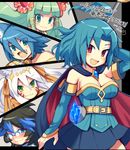  :3 :d ahoge animal_ears aqua_eyes arm_at_side arm_up arm_warmers aru_(majin_shoujo) bangs bare_shoulders bell belt belt_buckle black_hair blue-framed_eyewear blue_cape blue_dress blue_eyes blue_hair blunt_bangs blush brave_dungeon breasts brooch buckle cape choker claws cleavage closed_mouth collarbone cowboy_shot detached_sleeves dress eyebrows_visible_through_hair facepaint fang fang_out flower gem glasses glint green_eyes green_hair hair_between_eyes hair_flower hair_ornament hair_ribbon hand_in_hair hime_cut iroyopon jewelry long_hair looking_at_viewer majin_shoujo mari_(majin_shoujo) medium_breasts multicolored_hair multiple_girls open_mouth orange_ribbon over-rim_eyewear papelne parted_bangs red_eyes ribbon rudy sapphire_(stone) semi-rimless_eyewear sidelocks skirt smile standing stoj strapless strapless_dress streaked_hair tareme tooth translation_request whisker_markings white_hair 