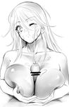  absurdres blush breast_squeeze breasts collarbone cum ejaculation facial frown greyscale highres large_breasts long_hair monochrome nipples nude one_eye_closed original paizuri penis sketch solo_focus upper_body wince yana_(nekoarashi) 