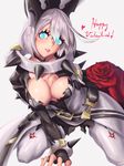  1girl ahoge arc_system_works artist_request blue_eyes blush bouquet breast_grab breasts bunny_ears cleavage deep_skin dress elphelt_valentine fingerless_gloves gloves guilty_gear guilty_gear_xrd guilty_gear_xrd:_revelator kneeling large_breasts looking_at_viewer pantyhose parted_lips red_rose shiny shiny_hair shiny_skin short_hair silver_hair smile solo spiked_collar spikes 