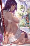  ass back backless_dress backless_outfit bare_arms bare_back barefoot bottle breasts butt_crack commentary_request cup dress drinking_glass fate/grand_order fate_(series) gae_bolg gtunver highres large_breasts long_hair looking_back md5_mismatch meme_attire naked_sweater polearm purple_hair red_eyes revision ribbed_sweater scathach_(fate)_(all) scathach_(fate/grand_order) sideboob sitting solo spear sweater sweater_dress turtleneck turtleneck_sweater virgin_killer_sweater wariza weapon wine_bottle wine_glass 