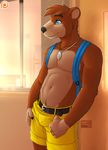  2016 anthro backpack banjo-kazooie banjo_(banjo-kazooie) bear blue_eyes clothed clothing jewelry male mammal mistystriker necklace simple_background solo topless video_games 