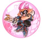  bare_shoulders barrier boots brown_eyes bubble bubbler_(splatoon) commentary cosplay costume domino_mask funkgamut gatling_gun gloves gun holding holding_weapon hydra_splatling_(splatoon) inkling looking_at_viewer mask overwatch parody pink_hair pointy_ears power_connection scar shield short_hair solo splatoon_(series) splatoon_1 tattoo tentacle_hair weapon zarya_(overwatch) zarya_(overwatch)_(cosplay) 