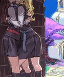  against_wall archvermin arms_around_waist blonde_hair brown_hair couple diana_cavendish error head_out_of_frame highres hug kagari_atsuko kiss kneehighs leg_between_thighs little_witch_academia luna_nova_school_uniform multiple_girls school_uniform skirt tree yuri 