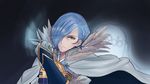  1girl aqua_(fire_emblem_if) armor blue_hair cape clenched_hand cryopon feathers fire_emblem fire_emblem_if gloves hair_over_one_eye pegasus_knight raised_fists shigure_(fire_emblem_if) simple_background yellow_eyes 