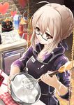  ahoge alternate_costume annojou_haruto apron artoria_pendragon_(all) black-framed_eyewear blonde_hair braid collarbone commentary_request crossover fate/grand_order fate_(series) food from_above glasses heart holding mixing_bowl mysterious_heroine_x_(alter) recipe_(object) semi-rimless_eyewear sleeves_pushed_up solo star_wars under-rim_eyewear valentine whisk yellow_eyes 