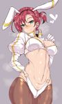  adapted_costume animal_ears belly boudica_(fate/grand_order) breasts bunny_ears bunny_girl cleavage fate/grand_order fate_(series) green_eyes grey_background heart highres hips looking_at_viewer medium_breasts navel pantyhose red_hair short_hair shrug_(clothing) simple_background smile solo thighs wakura_(gcdan) 