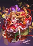  apron artist_name bangs blonde_hair box breasts candy chocolate dated dragon_girl dragon_horns dragon_tail dress flower food full_body futari_no_sei gift gift_box gloves hair_between_eyes happy_valentine heart highres holding holding_gift horns kobayashi-san_chi_no_maidragon large_breasts long_hair looking_at_viewer maid maid_headdress open_mouth pink_apron red_eyes red_footwear red_ribbon ribbon shoes short_sleeves solo tail tooru_(maidragon) twintails valentine white_gloves white_legwear 