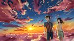  1girl 2017 alternate_costume black_hair blue_eyes braid brown_hair cloud cloudy_sky commentary_request couple diffraction_spikes french_braid ge_xi hair_ribbon hand_on_own_chest hetero highres holding_hands kimi_no_na_wa lens_flare long_hair miyamizu_mitsuha older open_mouth red_ribbon ribbon sky smile tachibana_taki translation_request twilight 