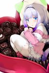  bangs beads black_hairband blue_eyes blunt_bangs blush box box_of_chocolates candy capelet chocolate commentary dress eyebrows_visible_through_hair food gradient_hair hair_beads hair_ornament hairband heart-shaped_box hews_hack highres in_container kanna_kamui kobayashi-san_chi_no_maidragon long_hair long_sleeves looking_at_viewer lying multicolored_hair on_side pillow red_footwear shoes short_dress silver_hair simple_background solo thick_thighs thighhighs thighs tied_hair twintails valentine white_background white_legwear zettai_ryouiki 