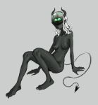  1girl barreleye_fish black_skin breasts claws closed_mouth colored_skin completely_nude demon_girl demon_horns demon_tail fancyrook full_body grey_background horns invisible_chair knees_up long_hair looking_at_viewer medium_breasts monster_girl nipples nude original pointy_ears simple_background sitting solo tail white_hair 