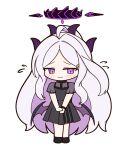  1girl achilles_(yosshyachillesd) ahoge black_dress black_footwear black_horns black_wings blue_archive blush closed_mouth demon_horns demon_wings dress full_body highres hina_(blue_archive) horns long_hair multiple_horns purple_eyes shoes short_sleeves simple_background solo white_background white_hair wings 