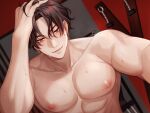  1boy abs azmada_itto bishounen blush brown_hair collarbone exercise_machine hand_up highres male_focus nipples official_art parted_bangs pectorals red_eyes selfie short_hair smile solo sweat topless_male upper_body 