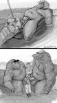  2024 absurd_res alligator alligatorid anthro balls belly big_balls big_belly biped crocodilian digital_media_(artwork) doctordj duo erection flaccid frottage genitals greyscale group hi_res human human_on_anthro humanoid_genitalia humanoid_penis interspecies male male/male male_anthro male_human male_on_anthro male_on_human mammal monochrome on_boat outside overweight overweight_anthro overweight_male penile penis reptile scalie sex trio wet wet_body 