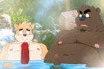  2024 anthro bear belly big_penis blush brown_body canid canine canis censored domestic_dog duo erection genitals hi_res kemono male male/male mammal moobs navel nipples overweight overweight_male penis penis_size_difference shibatanukiti water 