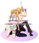  before_crisis_final_fantasy_vii blonde_hair brown_eyes cameltoe elena elena_(ff7) feet female final_fantasy final_fantasy_vii footwear gun_(female) gun_(ff7) kneeling knife koko_loveless long_hair miniskirt necktie panties pants school_uniform shirtless short_hair siblings sisters skirt socks striped striped_panties twintails underwear uniform 