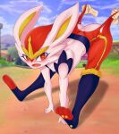 2020 absurd_res ambiguous_gender anthro athletic athletic_anthro bent_over_with_legs_held_straight blush boobacafe bottomwear breasts butt clothing duo exposed_breasts exposed_butt female female/ambiguous generation_8_pokemon hi_res human human_on_anthro interspecies lagomorph leporid looking_at_viewer mammal nintendo outside pokemon pokemon_(species) rabbit scorbunny stretching torn_bottomwear torn_clothing