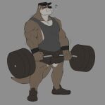  2024 anthro barbell baseball_cap big_muscles black_baseball_cap black_bottomwear black_clothing black_shorts black_wristband blue_eyes blush bottomwear brown_body brown_fur bulge clothed clothing countershade_face countershade_legs countershade_torso countershading deadlift echo_(game) echo_(series) echo_project exercise footwear full-length_portrait fully_clothed fur grey_background grey_body grey_clothing grey_countershading grey_footwear grey_fur grey_shirt grey_shoes grey_tank_top grey_topwear hat headgear headwear hi_res holding_breath horrorbuns male mammal motion_lines multicolored_body multicolored_fur muscular muscular_anthro muscular_male mustelid otter portrait puffed_cheeks shirt shoes shorts simple_background solo sydney_bronson tank_top topwear two_tone_body two_tone_fur weights wristband 