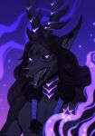  anthro black_hair canid canine claws glowing glowing_eyes hair headshot_portrait hi_res horn looking_at_viewer male mammal open_mouth portrait purple_eyes road~abelgeym solo 