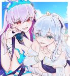  2girls anastasia_(fate) anastasia_(swimsuit_archer)_(fate) anastasia_(swimsuit_archer)_(third_ascension)_(fate) beach blue_eyes blue_fire dpw6p39pwizgzdz fate/grand_order fate_(series) fire grey_hair highres kama_(fate) kama_(swimsuit_avenger)_(fate) kama_(swimsuit_avenger)_(third_ascension)_(fate) long_hair multiple_girls ocean pink_nails ponytail red_eyes smile starry_hair swimsuit tongue tongue_out 