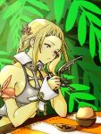  1girl arm_ribbon bare_shoulders blonde_hair blunt_bangs blush braid brown_eyes closed_mouth collarbone commentary_request ear_blush elbow_rest final_fantasy final_fantasy_xii forehead hair_ornament hand_on_own_face head_rest holding leaf leaf_background long_hair low_twintails mochi_(hanamaruudondesu) penelo red_ribbon ribbon sidelocks sitting solo table twin_braids twintails upper_body 