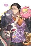  3boys alcohol anger_vein ascot black_cloak black_hair black_jacket black_pants blonde_hair chibi cigar clenched_teeth cloak closed_eyes collared_shirt crocodile_(one_piece) crossed_legs cup donquixote_doflamingo dracule_mihawk drinking_glass facial_hair fur-trimmed_jacket fur_trim glass grey_eyes hair_slicked_back highres holding holding_cigar holding_cup hook_hand invisible_chair jacket jacket_on_shoulders jewelry jyukawa looking_to_the_side multiple_boys mustache one_piece orange_ascot pants print_request print_vest purple_vest red-tinted_eyewear ring scar scar_on_face shirt simple_background sitting spoken_anger_vein sunglasses teeth tinted_eyewear upper_body vest white-framed_eyewear white_background white_shirt wine wine_glass 