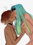  2girls black_choker blue_hair blush breasts brown_hair choker commentary dark-skinned_female dark_skin english_text eye_contact from_side grabbing grabbing_another&#039;s_breast green_eyes green_hair hand_on_another&#039;s_neck highres imminent_kiss looking_at_another medium_breasts multicolored_hair multiple_girls nipples open_mouth original profile simple_background sleepymocha streaked_hair symbol-only_commentary upper_body white_background yuri 