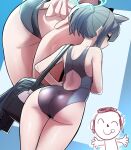  1girl adjusting_clothes adjusting_swimsuit alternate_hairstyle animal_ear_fluff animal_ears ass bag bare_shoulders blue_archive blue_eyes blue_halo closed_mouth competition_swimsuit doodle_sensei_(blue_archive) extra_ears grey_hair halo highres official_alternate_costume one-piece_swimsuit ponytail sensei_(blue_archive) shiroko_(blue_archive) shiroko_(swimsuit)_(blue_archive) shoulder_bag sung08ko swimsuit tongue tongue_out wolf_ears zoom_layer 