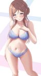  1girl absurdres bare_legs barefoot blue_bra blue_panties blush bra breasts brown_hair cleavage collarbone embroidered_bra embroidered_panties feet_out_of_frame gakuen_idolmaster groin hand_on_own_chest highres himesaki_rinami idolmaster large_breasts light_smile lingerie looking_at_viewer momi_yuro navel panties solo standing stomach underwear underwear_only 