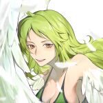  1girl bare_shoulders breasts brown_eyes cleavage dated falling_feathers feathered_wings feathers green_hair green_tank_top harpy highres jyukawa large_breasts long_hair looking_at_viewer monet_(one_piece) monster_girl one_piece open_mouth portrait simple_background solo tank_top teeth upper_teeth_only white_background white_feathers white_wings wings 