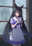  1girl absurdres animal_ears black_hair bow coffee coffee_mug condensation cup earrings glass_writing highres horse_ears horse_girl indoors jewelry looking_at_viewer manhattan_cafe_(umamusume) mug multicolored_clothes multicolored_skirt orito_sati pleated_skirt purple_bow purple_shirt purple_skirt school_uniform shirt single_earring skirt solo steam thighhighs tracen_school_uniform umamusume white_skirt white_thighhighs window_fog yellow_eyes 