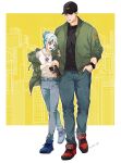  1boy 1girl aki_(supekutooru) ao_isami baseball_cap black_shirt border brown_jacket denim feet_out_of_frame hair_bun hand_in_pocket hat highres holding holding_another&#039;s_arm holding_phone jacket jeans jewelry looking_at_phone lulu_(bang_bravern) medium_bangs pants parted_hair pendant phone shirt shoes sneakers walking watch white_border white_shirt wristwatch yellow_background yuuki_bakuhatsu_bang_bravern 