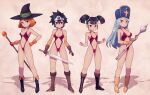  4girls black_eyes black_footwear black_hair black_hat blue_gemstone blue_hair blue_hat blunt_bangs blunt_ends bob_cut boots breasts breasts_apart bright_pupils brown_background circlet cleavage clenched_hands closed_mouth clothing_cutout collarbone commentary_request cross detached_sleeves dragon_quest dragon_quest_iii elbow_gloves fantasy fighter_(dq3) flanged_mace frown full_body gem gloves green_ribbon groin hair_between_eyes halterneck hand_on_own_hip hat hat_ribbon highleg highleg_swimsuit highres holding holding_mace holding_staff holding_sword holding_weapon knee_boots lamb-oic029 legs linea_alba lineup long_hair looking_at_viewer mace mage_(dq3) medium_breasts mitre multiple_girls navel official_alternate_costume one-piece_swimsuit open_mouth orange_eyes orange_gemstone orange_gloves orange_hair parted_lips priest_(dq3) red_eyes red_one-piece_swimsuit revealing_swimsuit_(dq) ribbon roto_(dq3) short_twintails sideboob sidelocks simple_background small_breasts smile spiked_hair split_mouth staff standing stomach_cutout straight_hair swept_bangs swimsuit sword twintails variant_set weapon witch_hat yellow_footwear yellow_gloves yellow_sleeves 