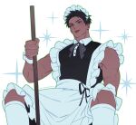  1boy :p apron bara bare_shoulders crossdressing feet_out_of_frame highres light_blush maid maid_apron maid_headdress male_focus male_maid multiple_scars muscular muscular_male original scar solo spread_legs starry_background thick_eyebrows tongue tongue_out yotti 